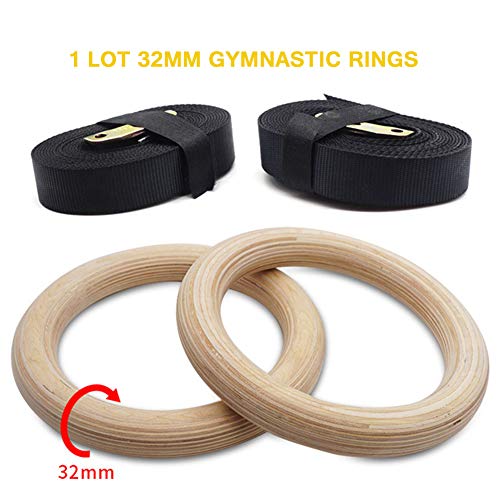 DYJD Anillas de Gimnasia, Gimnasia Par de Madera Olímpicos de Gimnasia Ajustables Anillos Aros de Crossfit Fuerza Entrenamiento Pull ups Formación,32mm