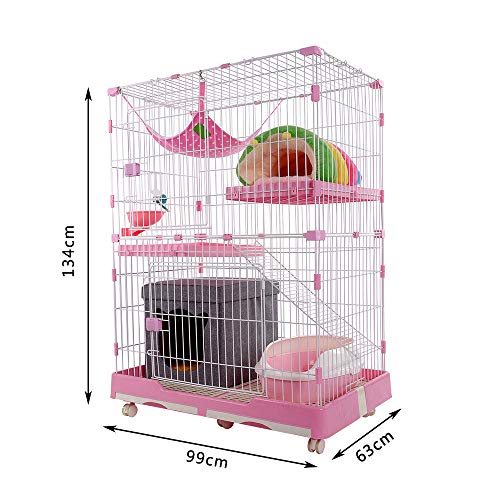 DZLA Jaula para Gatos Gato casa con 3 Niveles Jaula para Mascotas Villa para Gato Jaula para Animales pequeños Gatitos, Chinchillas, azúcar con 4 Ruedas(L-99×63×134cm, Rosa)