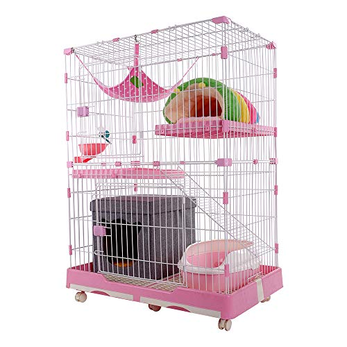 DZLA Jaula para Gatos Gato casa con 3 Niveles Jaula para Mascotas Villa para Gato Jaula para Animales pequeños Gatitos, Chinchillas, azúcar con 4 Ruedas(L-99×63×134cm, Rosa)