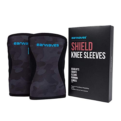 Earwaves ® Shield Knee Sleeves - Par de rodilleras de neopreno de 5mm & 7mm para CrossFit, halterofilia, powerlifting, weightlifting, lunges, etc. (Negro Militar, M - 5mm)