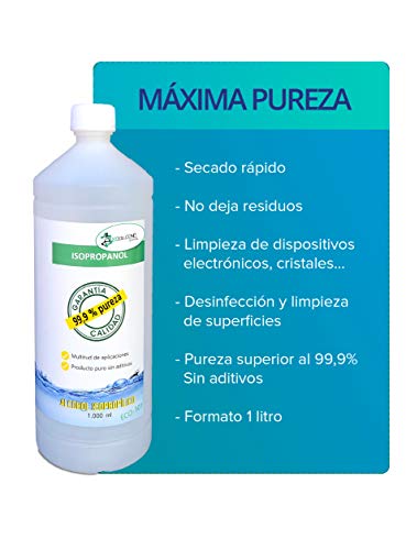 Ecosoluciones Químicas - 1 litro | Alcohol Isopropílico 99,9% Alta pureza IPA | Limpieza componentes electrónicos, Objetivos, Pantallas. Desengrasante. Desinfección y Limpieza Superficies