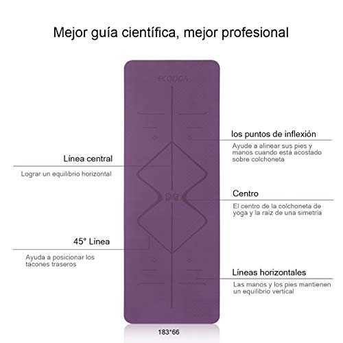 ECOUGA Colchoneta de Yoga Antideslizante con Línea Corporal para Pilates Ejercicio con Banda Tensión Toalla de Hielo Sin PVC Eco Friendly y Duradera 183x66cmx6mm (Morado-Rosa)