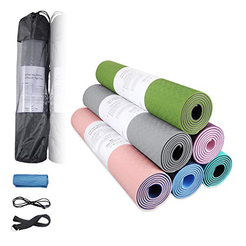 ECOUGA Colchoneta de Yoga Antideslizante con Línea Corporal para Pilates Ejercicio con Banda Tensión Toalla de Hielo Sin PVC Eco Friendly y Duradera 183x66cmx6mm (Morado-Rosa)