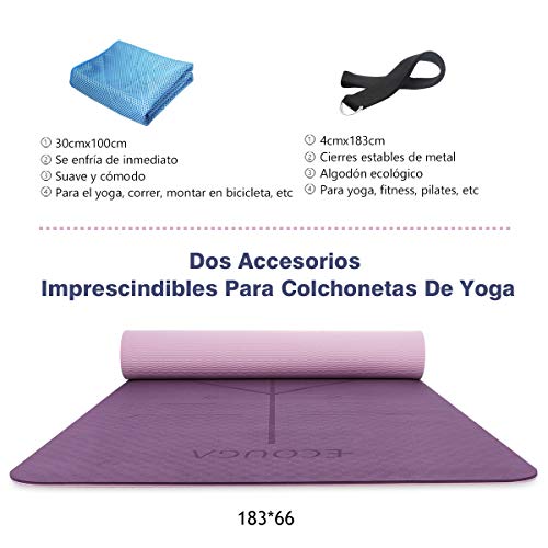 ECOUGA Colchoneta de Yoga Antideslizante con Línea Corporal para Pilates Ejercicio con Banda Tensión Toalla de Hielo Sin PVC Eco Friendly y Duradera 183x66cmx6mm (Morado-Rosa)