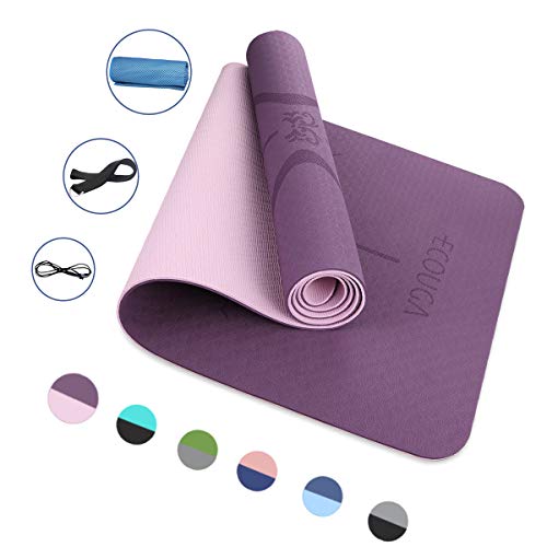 ECOUGA Colchoneta de Yoga Antideslizante con Línea Corporal para Pilates Ejercicio con Banda Tensión Toalla de Hielo Sin PVC Eco Friendly y Duradera 183x66cmx6mm (Morado-Rosa)