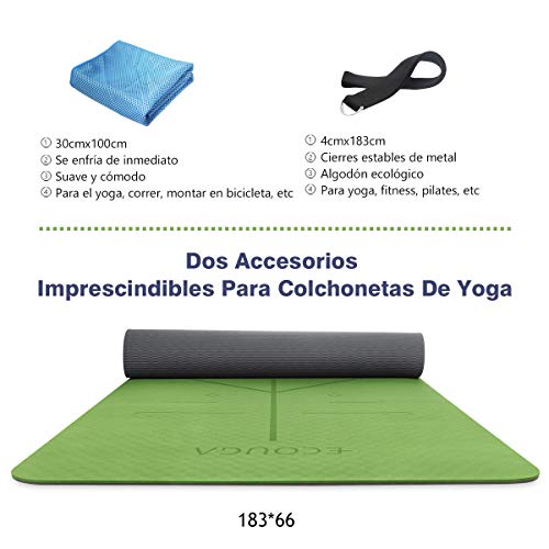 ECOUGA Colchoneta de Yoga Antideslizante con Línea Corporal para Pilates Ejercicio con Banda Tensión Toalla de Hielo Sin PVC Eco Friendly y Duradera 183x66cmx6mm (Verde)