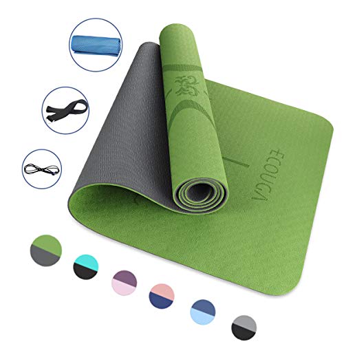 ECOUGA Colchoneta de Yoga Antideslizante con Línea Corporal para Pilates Ejercicio con Banda Tensión Toalla de Hielo Sin PVC Eco Friendly y Duradera 183x66cmx6mm (Verde)