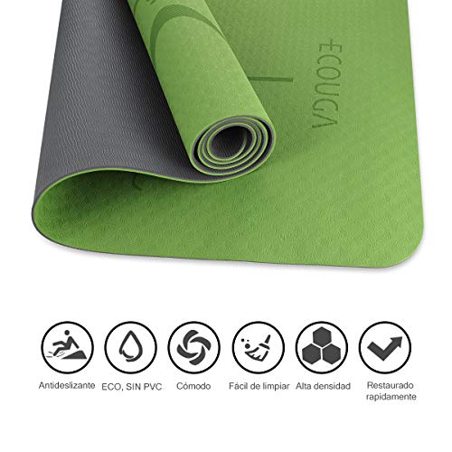 ECOUGA Colchoneta de Yoga Antideslizante con Línea Corporal para Pilates Ejercicio con Banda Tensión Toalla de Hielo Sin PVC Eco Friendly y Duradera 183x66cmx6mm (Morado-Rosa)