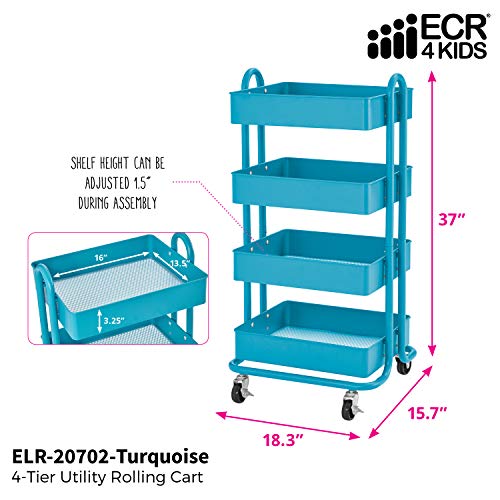 ECR4Kids Carrito de herramientas con ruedas de metal de 4 niveles, organizador de almacenamiento móvil resistente, color turquesa