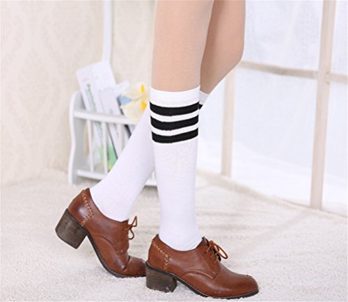 EDOTON 2 Pares Calcetines Hasta la Rodilla de las Mujeres Largas Medias Deportivas Muslo con Rayas Triples para Cosplay, Halloween, Fiesta, Desgaste Daily (A)