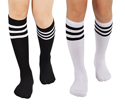 EDOTON 2 Pares Calcetines Hasta la Rodilla de las Mujeres Largas Medias Deportivas Muslo con Rayas Triples para Cosplay, Halloween, Fiesta, Desgaste Daily (A)