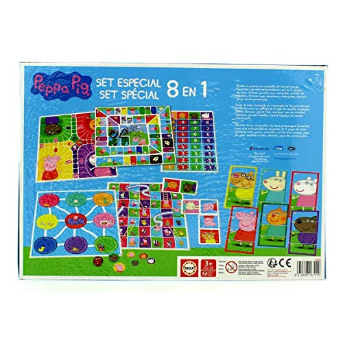 Educa - Set Especial 8 En 1 Peppa Pig: Juego de la oca, Parchís, Caracoles, Carrera de caballos, Tres en raya, Escaleras y toboganes, Dominó y Juego de personajes, a partir de 3 años (16791)