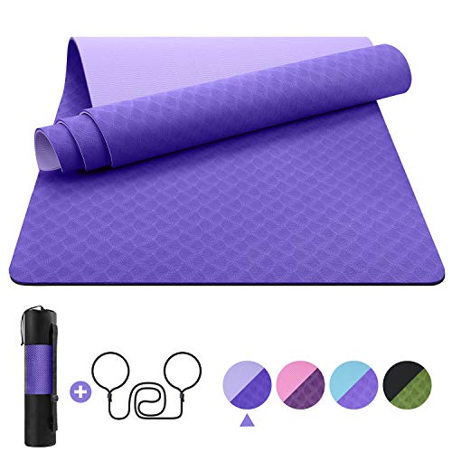 EgoIggo Esterilla Yoga Antideslizante, Yoga Mat colchoneta Yoga Alfombrilla Deporte. Esterilla Pilates de 183cmx61cm, 6mm Grosor de Caucho. con Bolsa y Correa de Hombro. Púrpura Oscuro y Claro