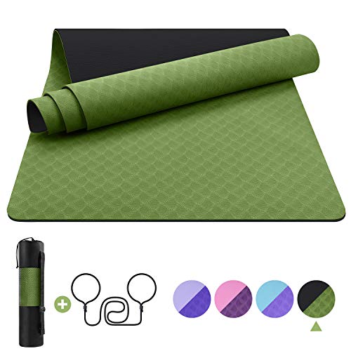 EgoIggo Esterilla Yoga Antideslizante, Yoga Mat Colchoneta Yoga Alfombrilla Deporte. Esterilla Pilates de 183cmx61cm, 6mm Grosor de Ecológico TPE. con Bolsa Y Correa de Hombro. Verde-Negro.