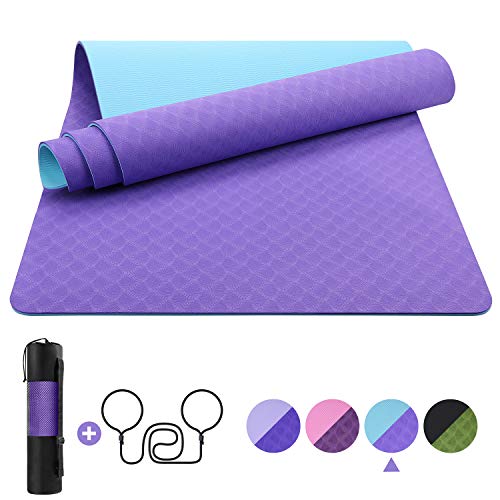 EgoIggo Esterilla Yoga Antideslizante, Yoga Mat Colchoneta Yoga Alfombrilla Deporte. Esterilla Pilates de 183cmx61cm, 6mm Grosor de Ecológico TPE. con Bolsa Y Correa de Hombro.Púrpura Claro-Azul Claro