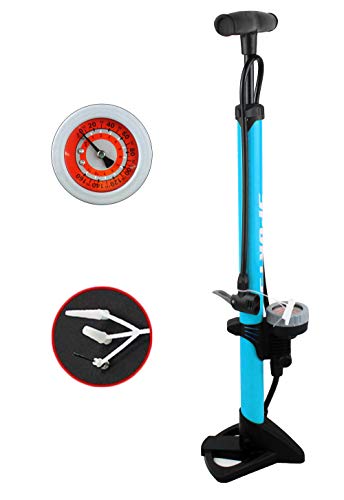 EM BIKE Bomba Inflador de Suelo Portátil con Manómetro Profesional para Válvulas Presta y Schrader Alta Presión (160 PSI/ 11 Bar) (Azul)