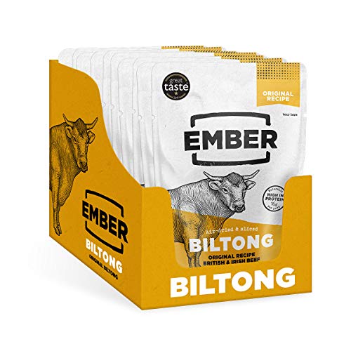 Ember Biltong – Original Beef Jerky - Cecina de Vaca - Aperitivo alto en Proteínas - Original (Paquete de 10)
