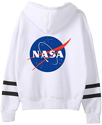 EMILYLE Mujer NASA Aeronautico Sudadera con Capucha Manga Larga Deportiva. L,Blanco