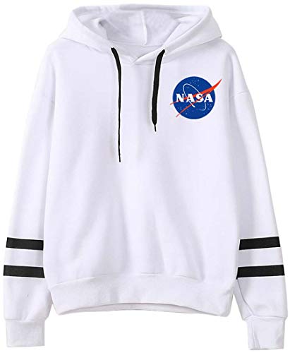 EMILYLE Mujer NASA Aeronautico Sudadera con Capucha Manga Larga Deportiva. L,Blanco