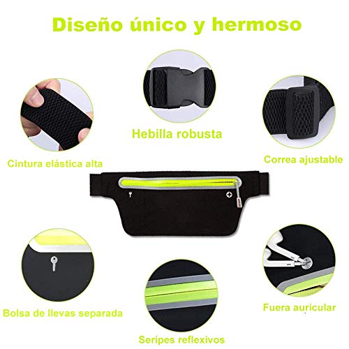 EMIUP Riñonera Running Deportiva,Riñonera Cinturón Running Impermeable Bolsillos con Cierre Cremallera,Tiras Reflectantes y Tiras Ajustables para Deportes al Aire Libre(Negro)