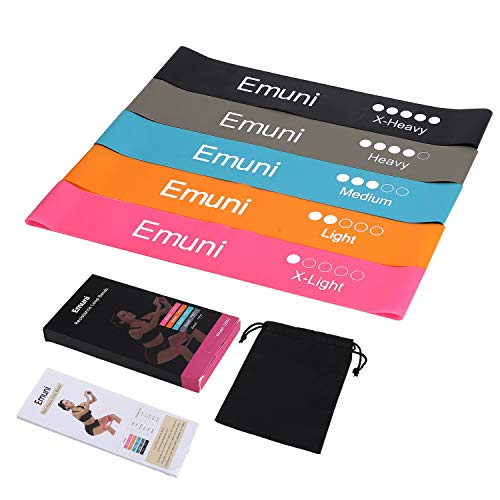 Emuni Set de 5 Bandas de Resistencia: Cintas Elásticas Fitness de Ejercicio Estiramiento, Yoga y Pilates, Bandas de Entrenamiento con 5 Niveles para Brazos y Hombros, de piernas y glúteos