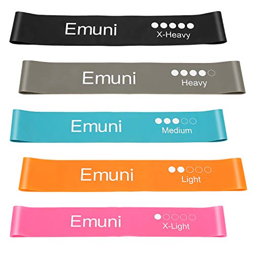 Emuni Set de 5 Bandas de Resistencia: Cintas Elásticas Fitness de Ejercicio Estiramiento, Yoga y Pilates, Bandas de Entrenamiento con 5 Niveles para Brazos y Hombros, de piernas y glúteos