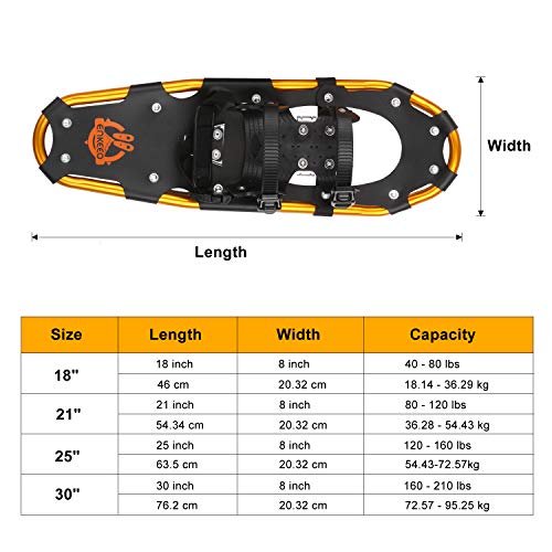 ENKEEO - Raquetas de Nieve 30’’, Aleación de Aluminio Ligero con Bolsa de Transporte, Ataduras de Trinquete Ajustables, 76.2 cm de Largo, 124.73kg de Capacidad de Peso