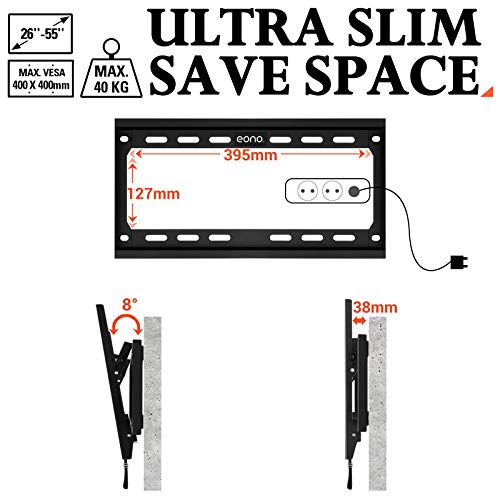 Eono by Amazon - Soporte TV Pared Inclinable, Soporte de Televisión para la Mayoría de los 26-55 Pulgadas LED, LCD, OLED y Plasma Televisores hasta VESA 400x400mm y 40kg, con Tacos Fischer, PL2268-MK