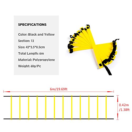 Escalera de agilidad de 6 m. Equipo de entrenamiento de velocidad de trabajo intensivo de alta intensidad con 12 peldaños planos ajustables. Bolso de transporte negro. Ideal para fútbol, ​​fútbol, ​​f