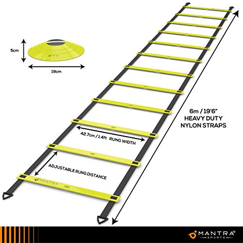 Escalera de Agilidad, Velocidad y Coordinacion 6m - 8 Conos Entrenamiento Deportivos - Deportes Equipo Entrenamiento Funcional para Fitness, Fútbol, Hockey, Baloncesto, HIIT y CrossFit - Guia y Bolsa