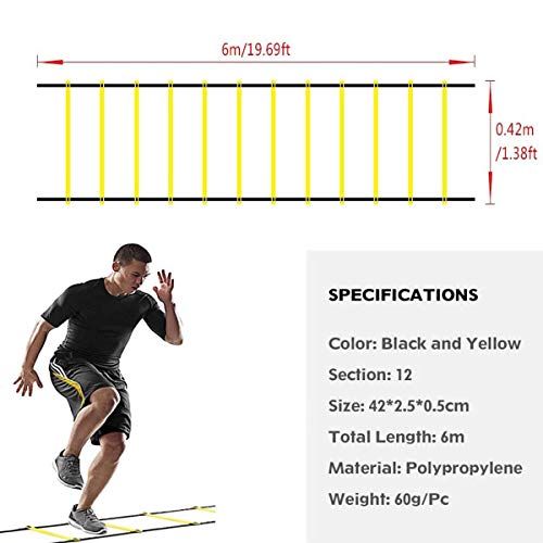 Escalera de Coordinación de 6m 12 peldaños con bolsa y clavijas,Escalera de agilidad Escalera de velocidad,Ajustables Escalera de Entrenamiento Duraderas para Fútbol, Fitness, Deportes, Balonmano