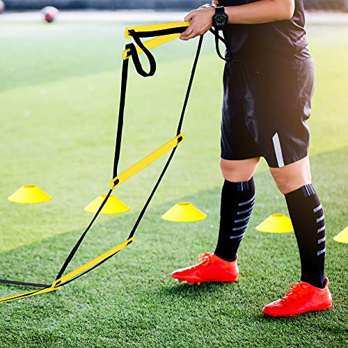 Escalera de Velocidad Coordinación Agilidad 6M| 12 Peldaños 10 Conos & 4 Clavijas| Alta Calidad y Duradero - Fútbol Deportes Entrenamiento Fitness para Niños Adultos| con Bolsa Transporte.