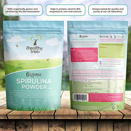 Espirulina en Polvo Orgánico de TheHealthyTree Company para Zumos y Batidos Veganos - Alta en Vitamina B12, Magnesio, Proteínas y Hierro - Espirulina Pura Certificada en el Reino Unido (250 g)