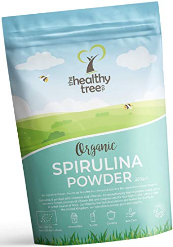 Espirulina en Polvo Orgánico de TheHealthyTree Company para Zumos y Batidos Veganos - Alta en Vitamina B12, Magnesio, Proteínas y Hierro - Espirulina Pura Certificada en el Reino Unido (250 g)