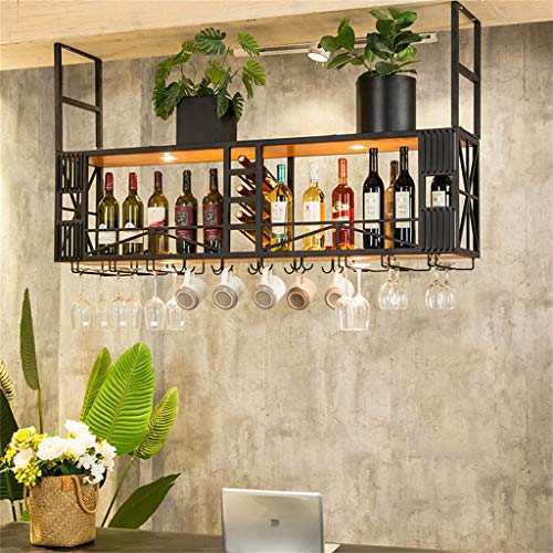 Estante colgante de copa de vino Barra industrial de metal y madera de 2 niveles Barra para colgar boca abajo Botella de vidrio y soporte de vidrio Estante de decoración de techo para barra de cocin