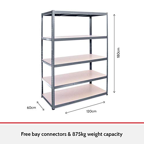 Estantería metálica de almacenamiento industrial resistente con 5 estantes- Pack individual - ideal para almacén, garaje, trastero, sótano - 180cm x 120cm x 60cm - 5 años de garantía