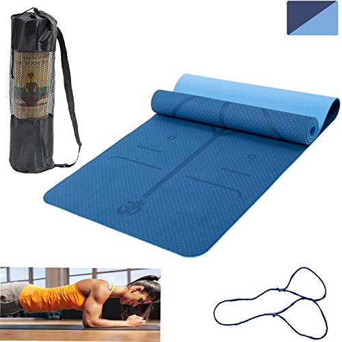 Esterilla Yoga Esterilla Pilates Antideslizante, 6mm Alfombrilla de Yoga con Línea Corporal, Ecológicos TPE Esterilla Deporte con Correa y Bolsa de Malla, Yoga Mat para Pilates Yoga Fitness 183x61cm