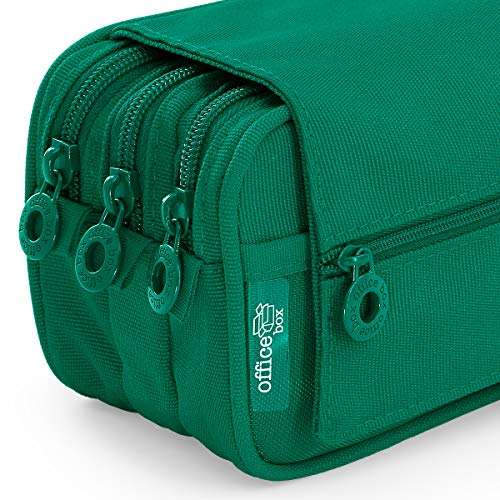 Estuche Portatodo Triple de Amplios Apartados Interiores con Tres Cremalleras para Material Escolar o Neceser. Verde