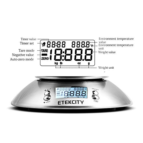 Etekcity Báscula Digital para Cocina con Bol Removible, 5 kg / 11 lbs, Balanza de Cocina de Acero Inoxidable, Temporizador y Sensor de Temperatura, Pantalla LCD, EK4150