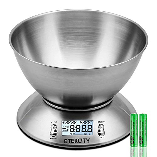 Etekcity Báscula Digital para Cocina con Bol Removible, 5 kg / 11 lbs, Balanza de Cocina de Acero Inoxidable, Temporizador y Sensor de Temperatura, Pantalla LCD, EK4150