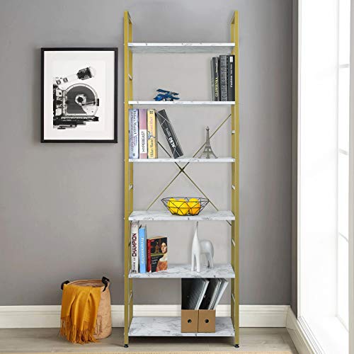 EUGAD Estantería Independiente Estantería con Escalera Estantería Escalonada Librería Estantería Multifuncional Diseño Industrial con 6 Estante MDF+Metal 60x28x180cm Dorado+Mármol Blanco 0021ZWJ