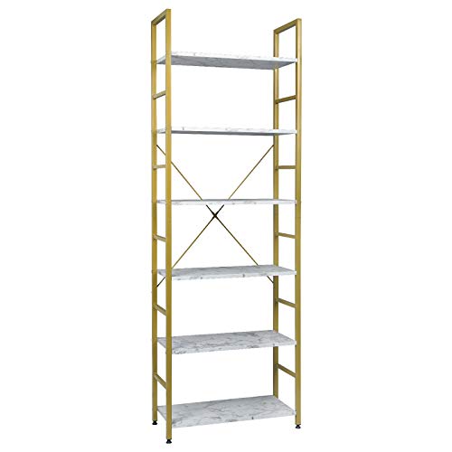 EUGAD Estantería Independiente Estantería con Escalera Estantería Escalonada Librería Estantería Multifuncional Diseño Industrial con 6 Estante MDF+Metal 60x28x180cm Dorado+Mármol Blanco 0021ZWJ