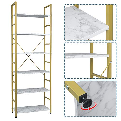 EUGAD Estantería Independiente Estantería con Escalera Estantería Escalonada Librería Estantería Multifuncional Diseño Industrial con 6 Estante MDF+Metal 60x28x180cm Dorado+Mármol Blanco 0021ZWJ