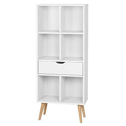 EUGAD Estantería para Libros Estante Separador de Espacios Estantería para Archivos Estantería de Almacenamiento Estantería de Pie con Cajón, 6 Compartimentos, 50x29,5x120cm, Blanco 0010SHG