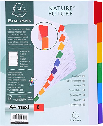 Exacompta 4306E - Separadores con 6 posiciones A4, Cartulina Blanca, 160 grs