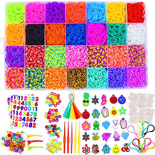 EXCEED DIY Gomas Loom Bandas, 10,000 Elásticos + Hebilla 600S + 200 Cuentas + 52 Cuentas ABC (2 Cada una) + 30 Modelos + 10 Ganchos + 5 Borlas + 5 Ganchillos + 3 Pinzas para el Cabello + 4 Pegatinas