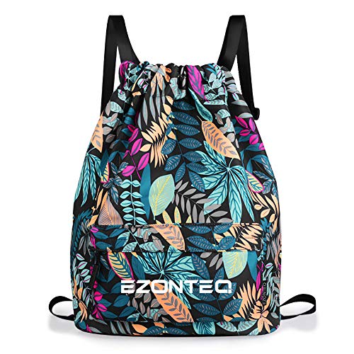 EZONTEQ Mochilas casual Unisex lona para PC Viaje Libros Acampada Estudiantes Escuela Bolsa de cuerda Bolsas de gimnasia Mochila cuerda para Niño Niña Chica Hombre Mujer - Azul oscuro Hojas