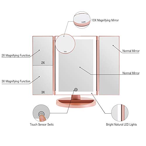 FASCINATE Espejo Maquillaje Con Luz,Tríptica Aumentos 10x, 3x, 2x,1x Magnetismo Extraíble Espejo 10 Aumentos Rotación de 180° Espejo de Maquillaje luminacíon 36 LEDs Carga Con USB o Batería (Oro Rosa)