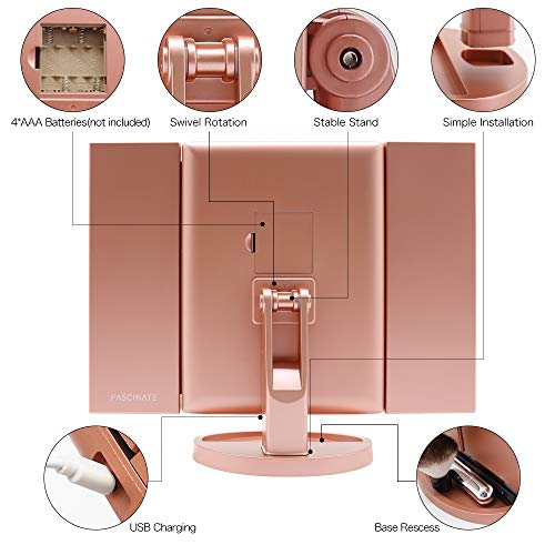 FASCINATE Espejo Maquillaje Con Luz,Tríptica Aumentos 10x, 3x, 2x,1x Magnetismo Extraíble Espejo 10 Aumentos Rotación de 180° Espejo de Maquillaje luminacíon 36 LEDs Carga Con USB o Batería (Oro Rosa)
