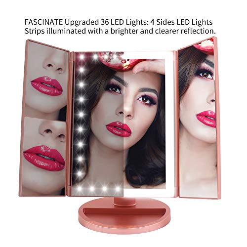 FASCINATE Espejo Maquillaje Con Luz,Tríptica Aumentos 10x, 3x, 2x,1x Magnetismo Extraíble Espejo 10 Aumentos Rotación de 180° Espejo de Maquillaje luminacíon 36 LEDs Carga Con USB o Batería (Oro Rosa)